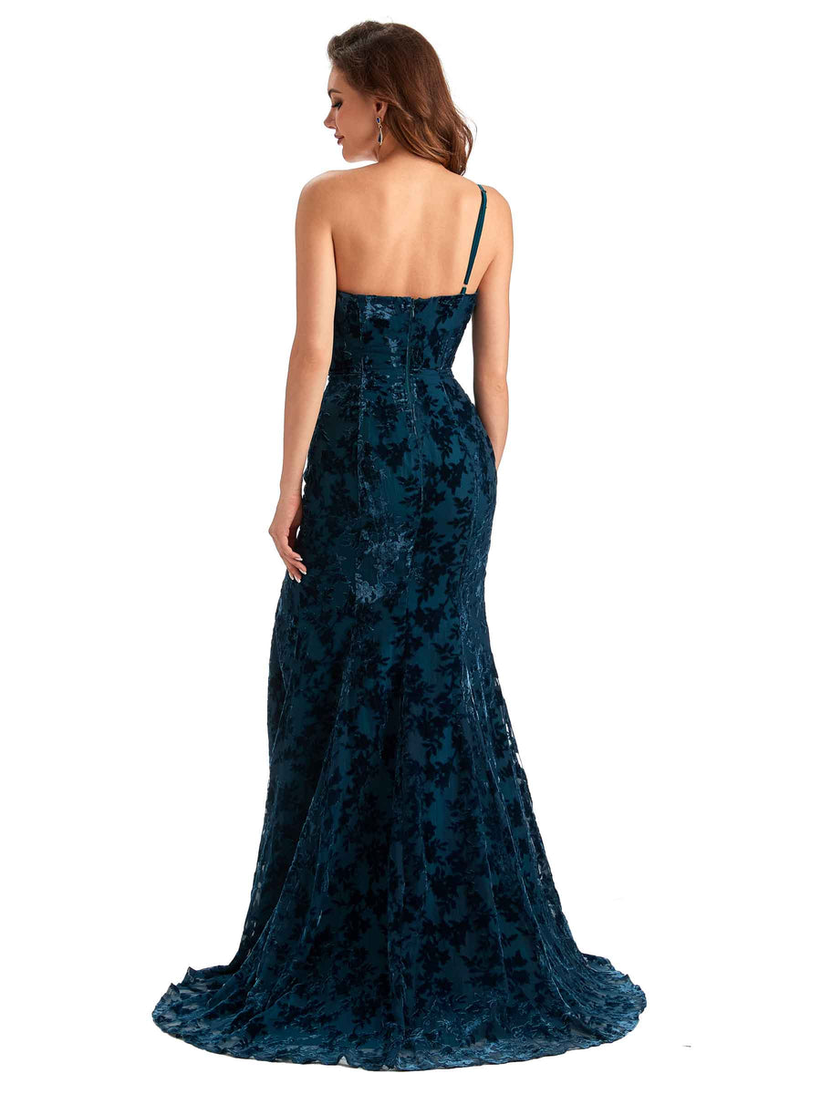 Sexy Side Slit One Shoulder Mermaid Floral Velvet Long Bridesmaid Dresses Online