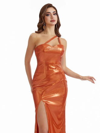 Sexy Spaghetti Strap Mermaid One Shoulder Metallic Stretch Shiny Fabric Long Bridesmaid Dresses