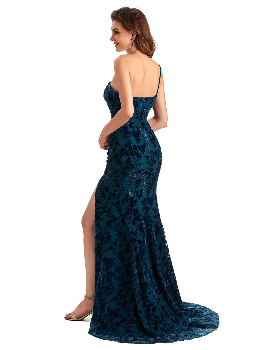 Sexy Side Slit One Shoulder Mermaid Floral Velvet Long Bridesmaid Dresses Online