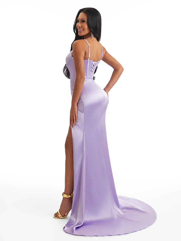 Sexy Spaghetti Straps V-Neck Side Split Mermaid Soft Satin Long Bridesmaid Dresses