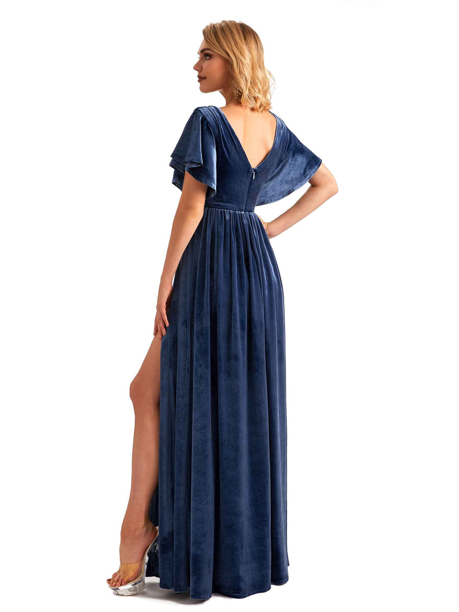 Winter Jewel Bat Sleeves Velvet Bridesmaid Dresses