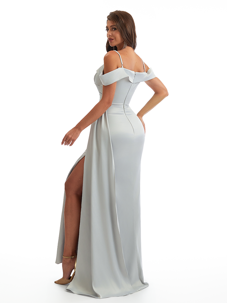 Sexy Cold Shoulder Side Slit Mermaid Soft Satin Long Bridesmaid Dresses Online