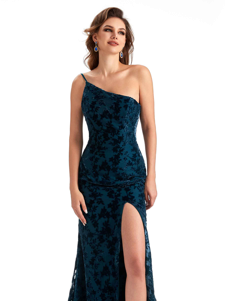 Sexy Side Slit One Shoulder Mermaid Floral Velvet Long Bridesmaid Dresses Online