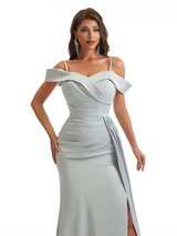 Sexy Cold Shoulder Side Slit Mermaid Soft Satin Long Bridesmaid Dresses Online