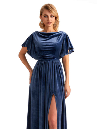 Elegant A-line Jewel Bat Sleeves Velvet Side Slit Long Bridesmaid Dresses