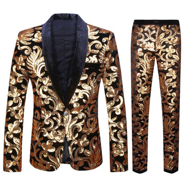 Men's 2-Piece Sequin Floral Embroidery Shawl Collar Tuxedo 5 Color CN418