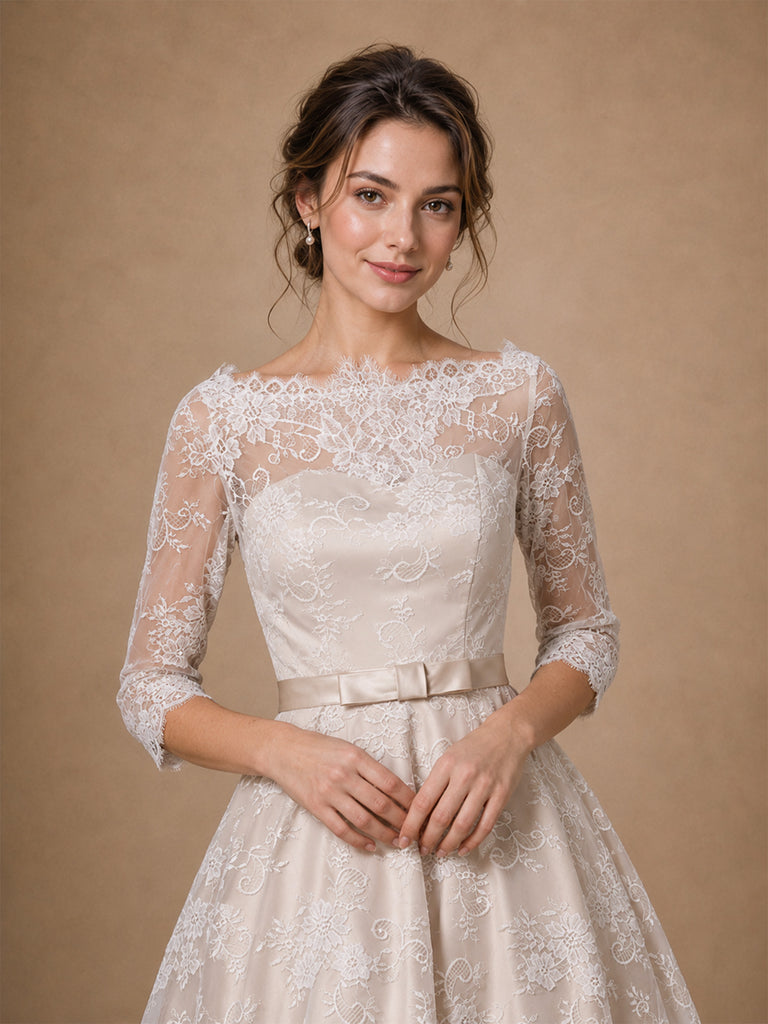 ChicSew Elegant Sabrina 3/4 Sleeves Lace A-Line Tea-Length Wedding Dresses
