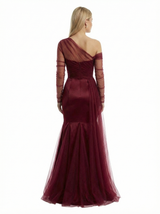 Chic Ruched One Shoulder Long Sleeve Mermaid Gown Tulle Classy Formal Prom Dress