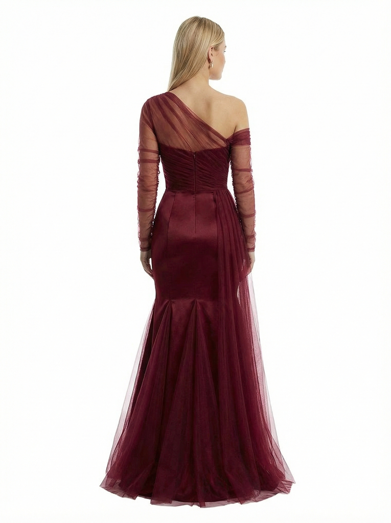 Chic Ruched One Shoulder Long Sleeve Mermaid Gown Tulle Classy Formal Prom Dress