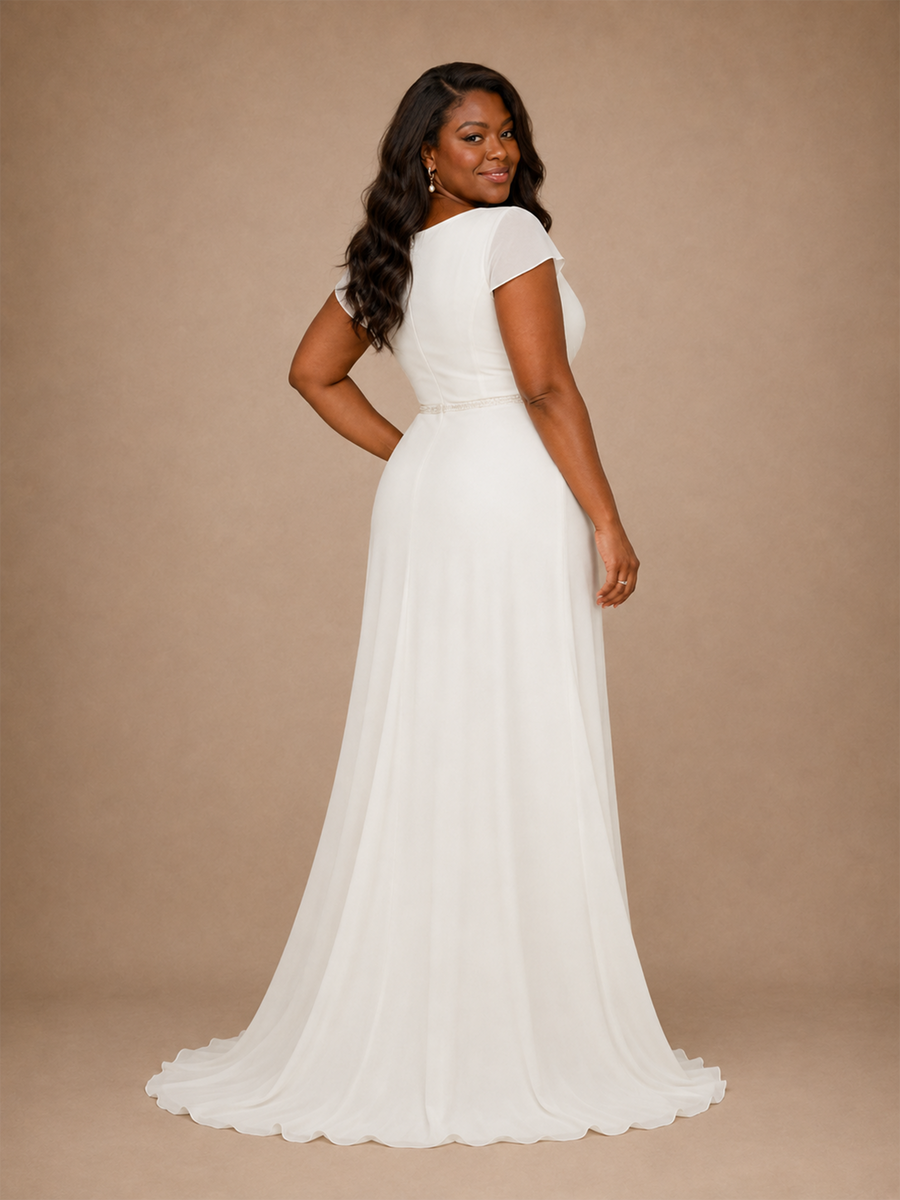 ChicSew Simple V-Neck Short Sleeves Ruching Side Slit Chiffon Mermaid Wedding Dress