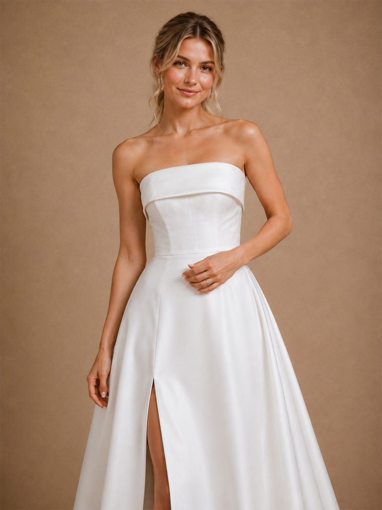 ChicSew Fancy Strapless Side Slit A-line Satin Floor-Length Wedding Dress