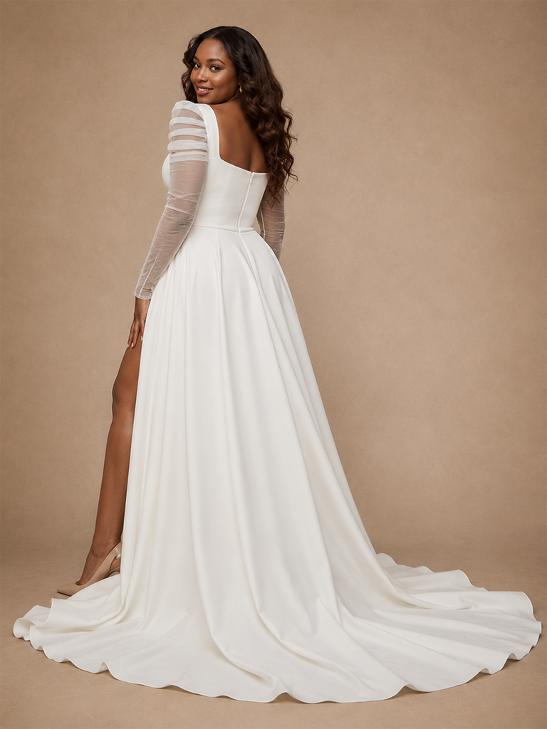 ChicSew Elegant A-Line Crepe Long Tulle Sleeves Side Slit Maxi Wedding Dress