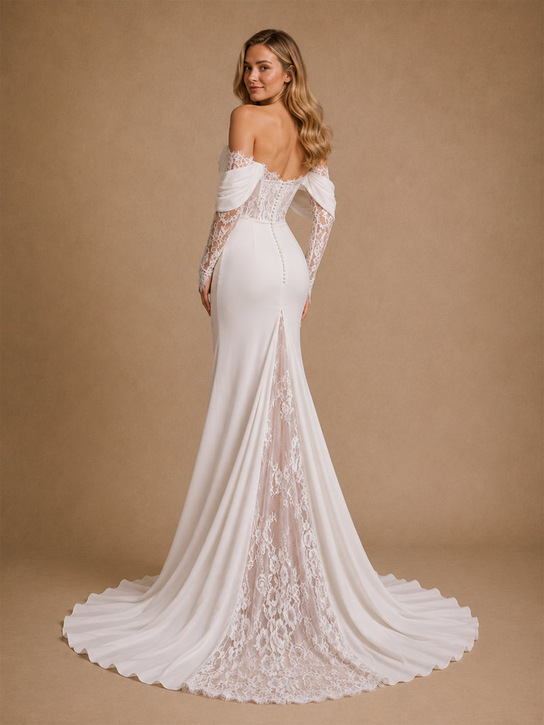 ChicSew Beautiful Unique Sweetheart Boning Long Sleeves Ruched Mermaid Lace Chiffon Maxi Wedding Dress