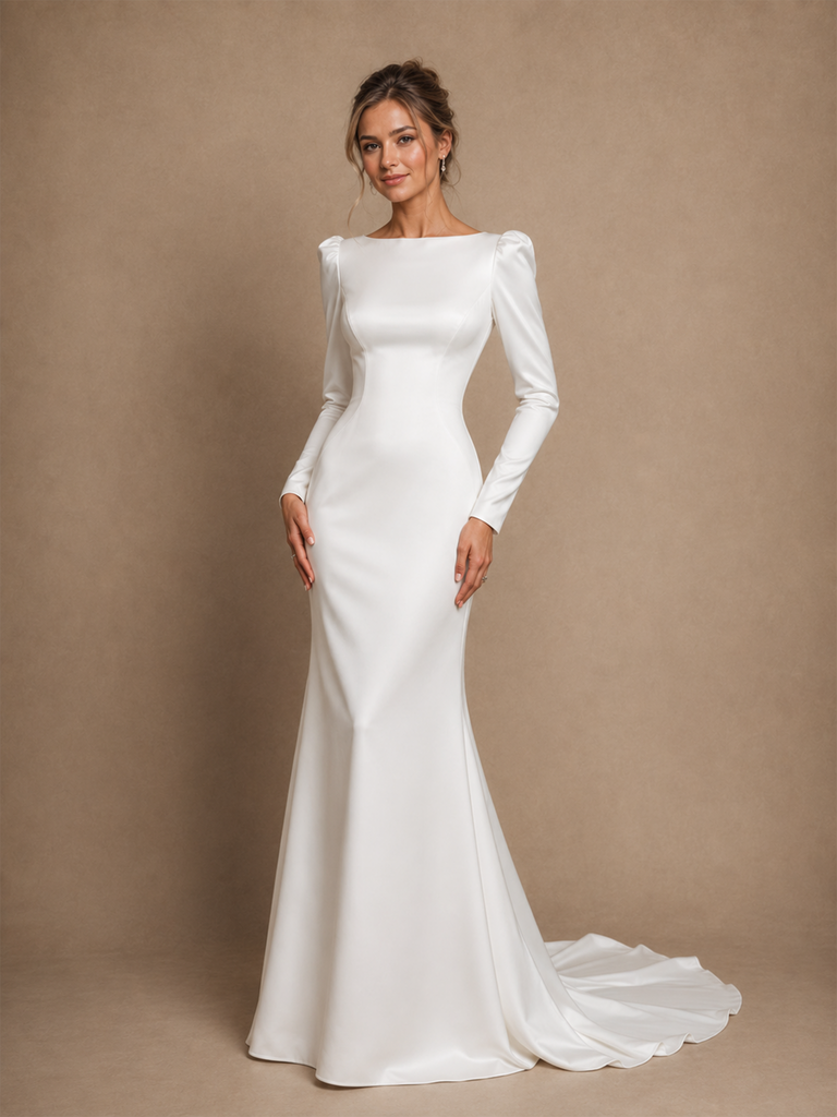 ChicSew Classy Mermaid Satin Jewel Long Sleeves Floor-Length Wedding Dress