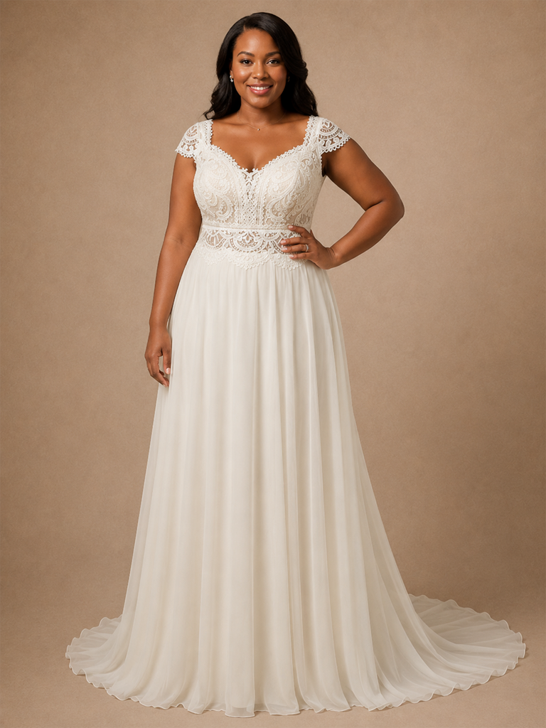 ChicSew Elegant V-Neck Cap Sleeves Chiffon A-Line Wedding Dress With Lace Appliques