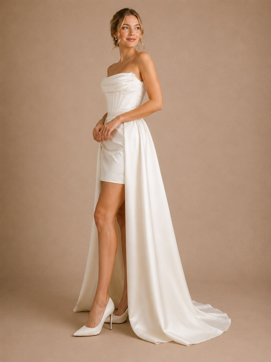 ChicSew Fancy Strapless Ruching Sheath Sleeveless Satin Wedding Dress With Boning