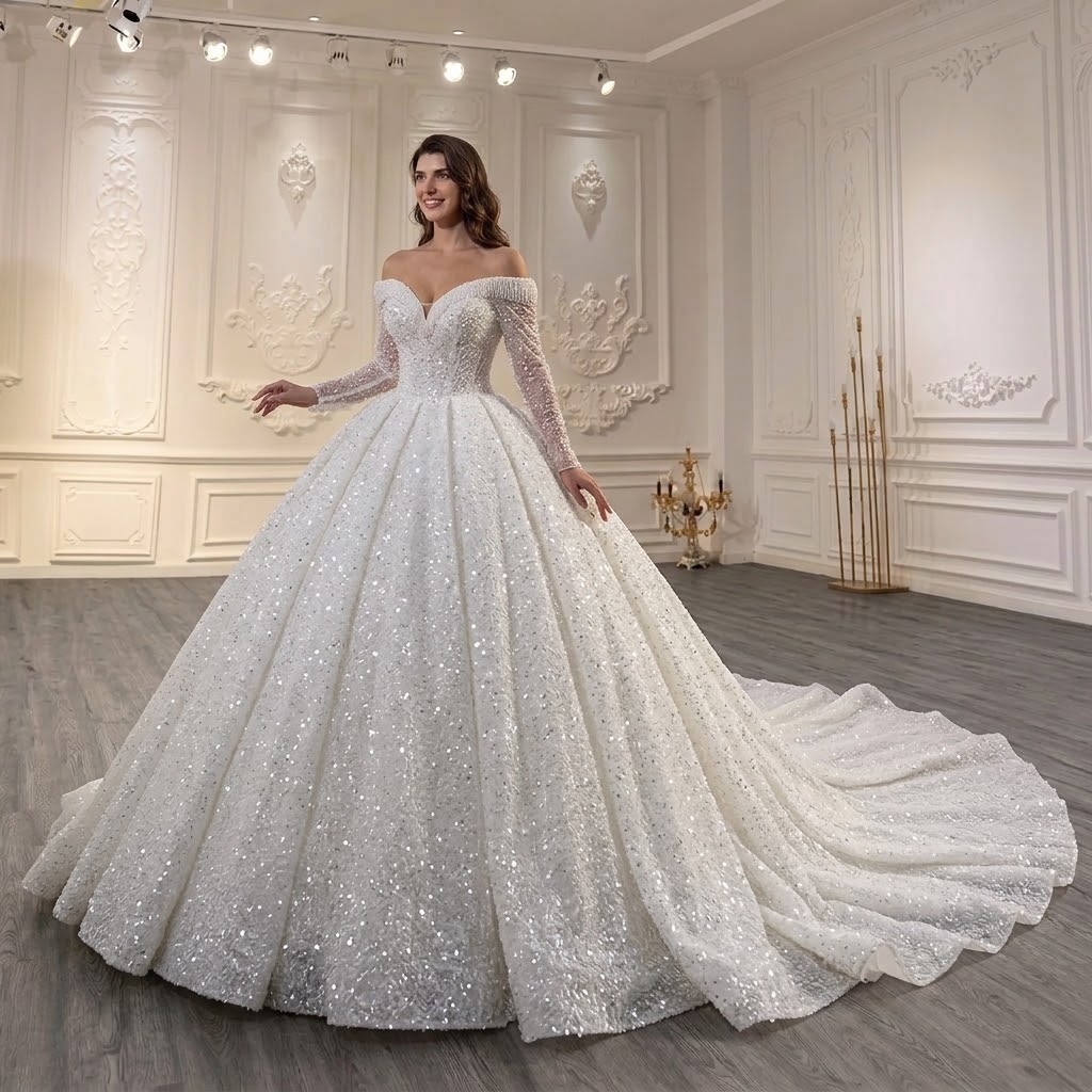 ChicSew Luxurious Off Shoulder Beaded Ball Gown Wedding Dress With Sequin