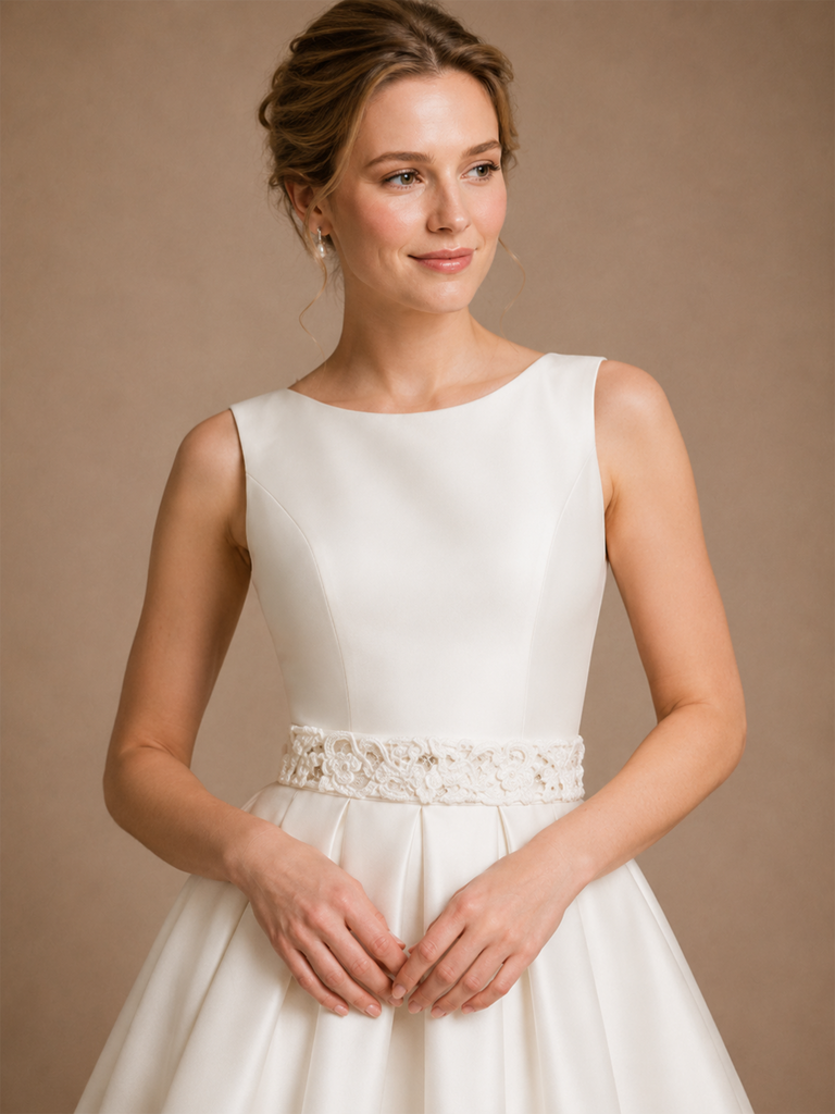ChicSew Modern Jewel Sleeveless A-Line Satin Floor-Length Wedding Dresses With Lace Appliques