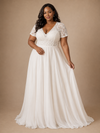 ChicSew Elegant V-Neck Lace Applique Chiffon Short Sleeves A-Line Floor-Length Wedding Dress