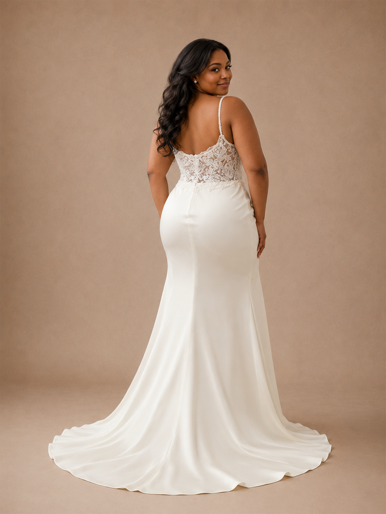 ChicSew Fancy Mermaid Spaghetti Straps Side Slit Satin Floor-Length Wedding Dress With Lace Applique