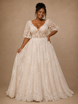 ChicSew Classy Elegant Half Sleeves V-Neck A-Line Lace Tulle Maxi Long Wedding Dress