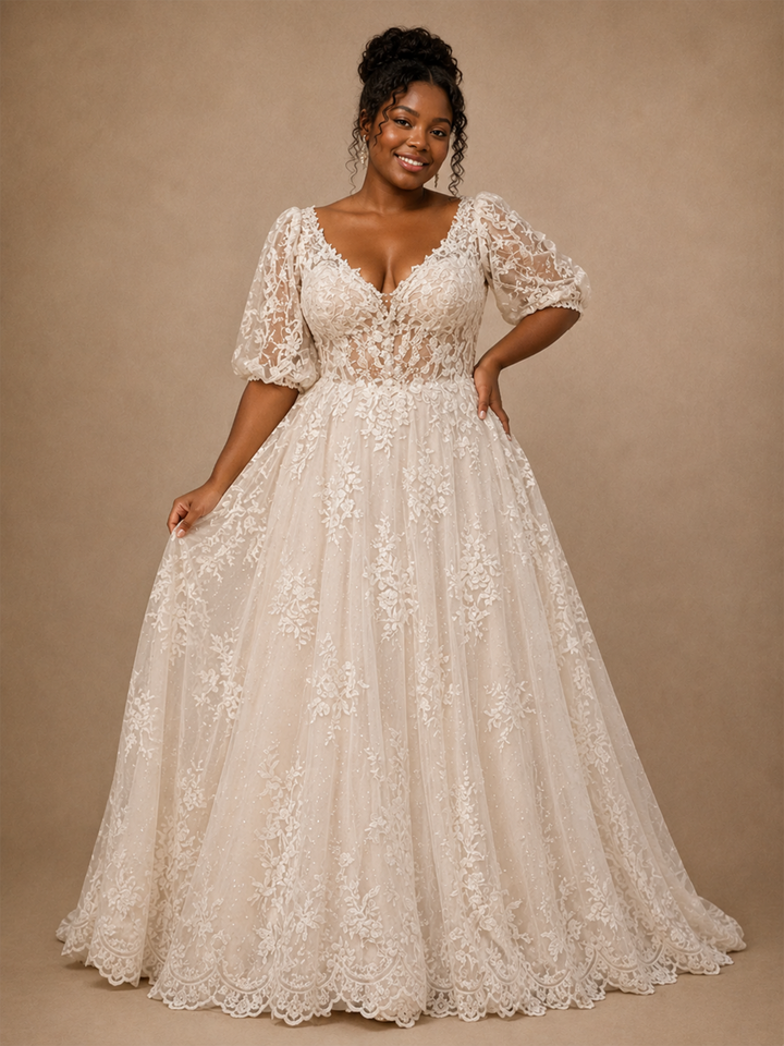ChicSew Classy Elegant Half Sleeves V-Neck A-Line Lace Tulle Maxi Long Wedding Dress
