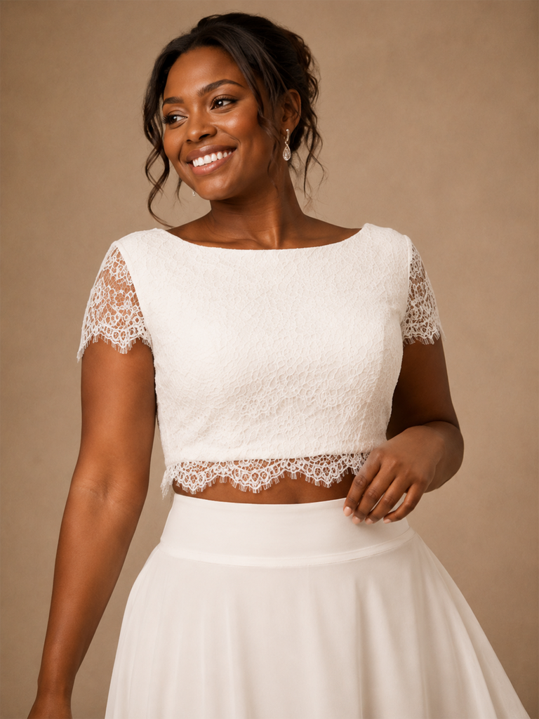 ChicSew Elegant Two Piece A-Line Bateau Short Sleeves Lace Chiffon Maxi Wedding Dress