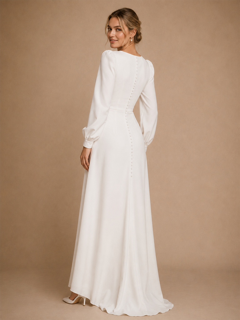 ChicSew Modern V-Neck Long Sleeves Crepe A-Line Floor-Length Wedding Dress WIth Slit