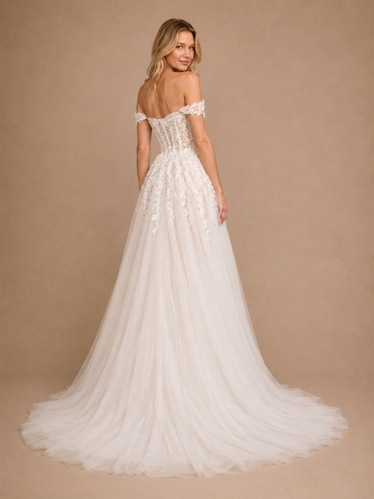 ChicSew Fancy Off The Shoulder Boning Side Slit Lace Tulle Maxi A-Line Wedding Dress