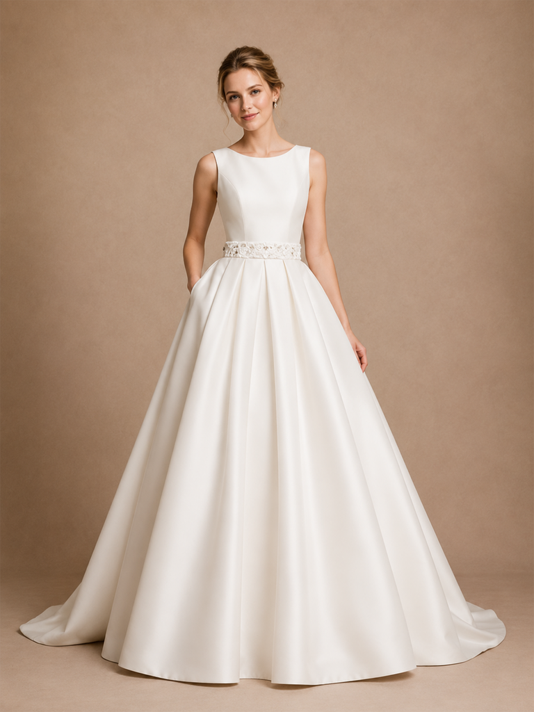 ChicSew Modern Jewel Sleeveless A-Line Satin Floor-Length Wedding Dresses With Lace Appliques