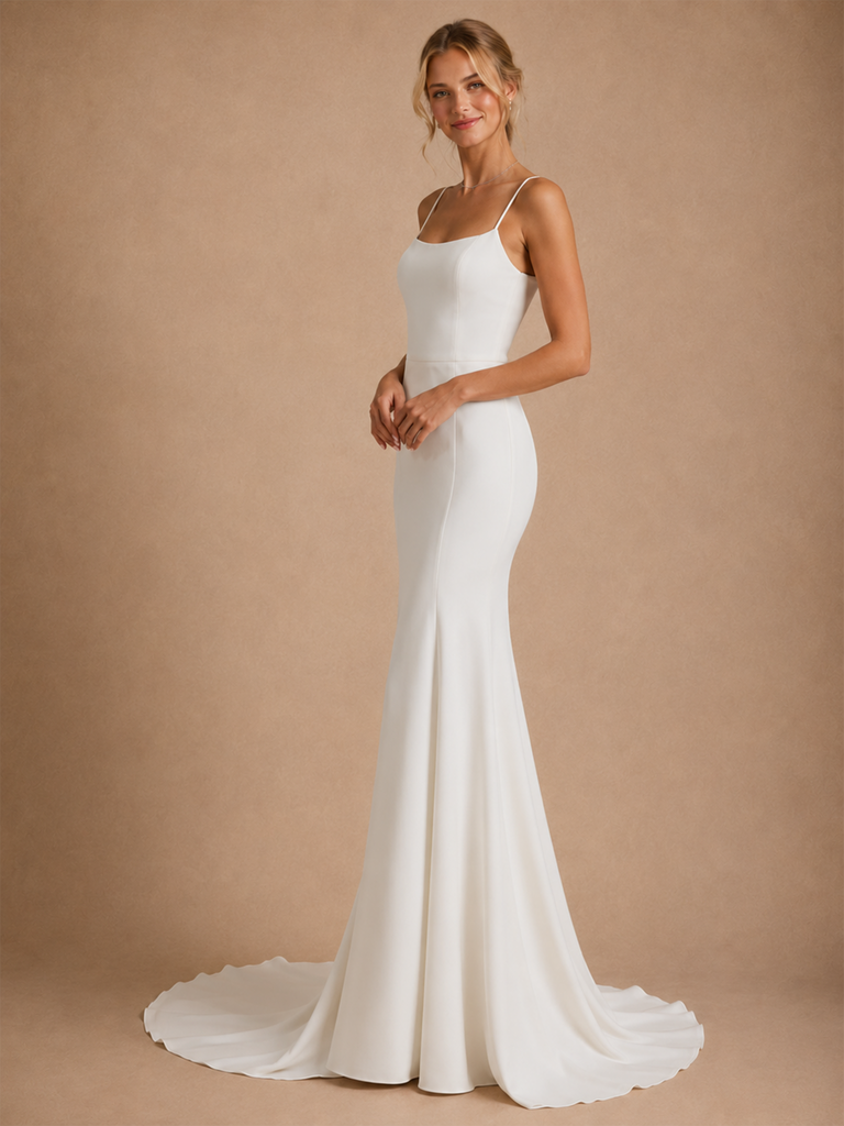 ChicSew Sexy Mermaid Spaghetti Straps Sleeveless Crepe Long Wedding Dresses