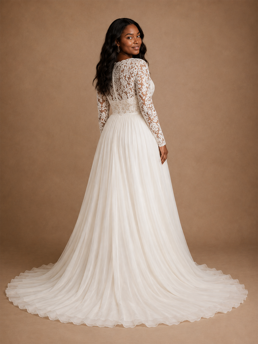 ChicSew Elegant Classy Lace Applique Chiffon A-Line Pleated Long Sleeves Floor-Length Wedding Dress