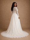 ChicSew Elegant Classy Lace Applique Chiffon A-Line Pleated Long Sleeves Floor-Length Wedding Dress