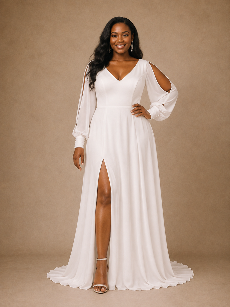 ChicSew Fancy V-Neck A-Line Cold Shoulder Long Sleeves Chiffon Floor-Length Wedding Dress With Side Slit
