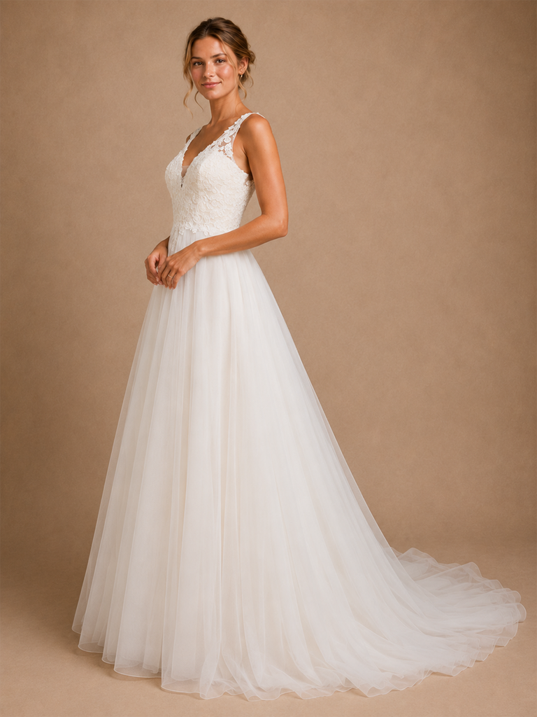 ChicSew Elegant Fancy V-Neck A-Line Lace Tulle Sleeveless Long Wedding Dress