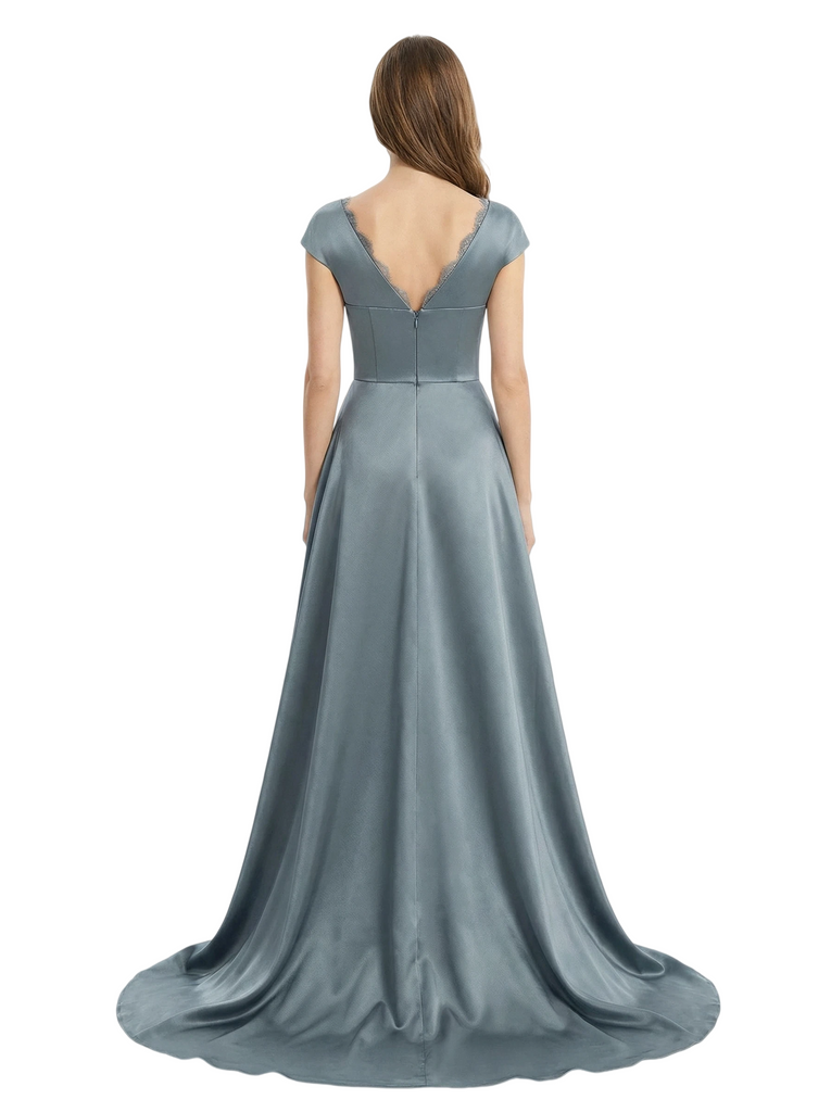 Morden V-Neck Cap Sleeves Mermaid Satin Floor-Length Mother of the Bride Dresses Overskirt