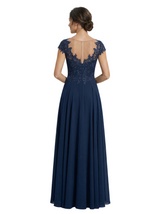 Elegant A-Line Lace Appliques Jewel Cap Sleeves Mother of The Bride Dresses