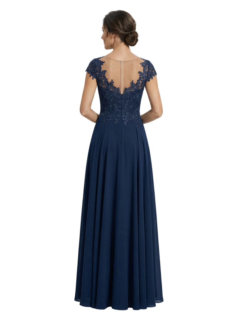 Elegant A-Line Lace Appliques Jewel Cap Sleeves Mother of The Bride Dresses