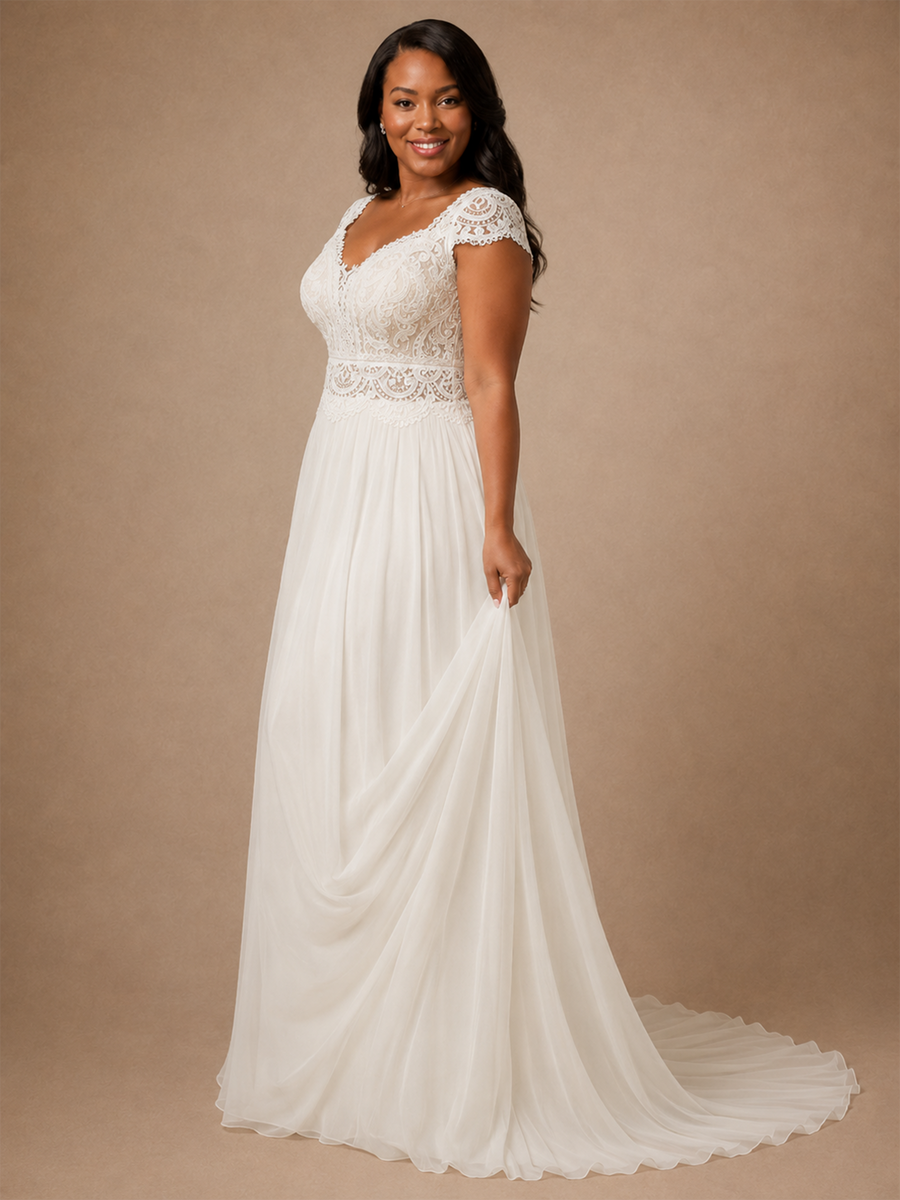 ChicSew Elegant V-Neck Cap Sleeves Chiffon A-Line Wedding Dress With Lace Appliques