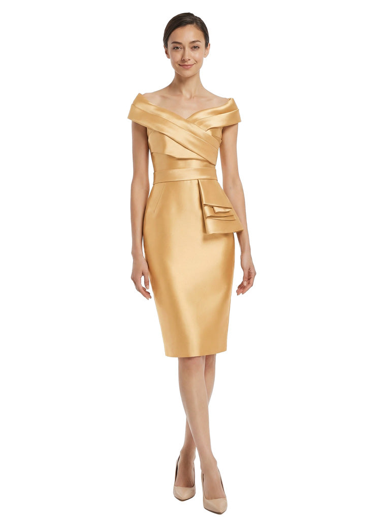 Chic Off Shoulder Knee-Length Cocktail Mother Of The Bride Satin Gown