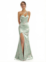 Elegant One Shoulder Side Slit Mermaid Floral Satin Maxi Floral Formal Dresses For Women