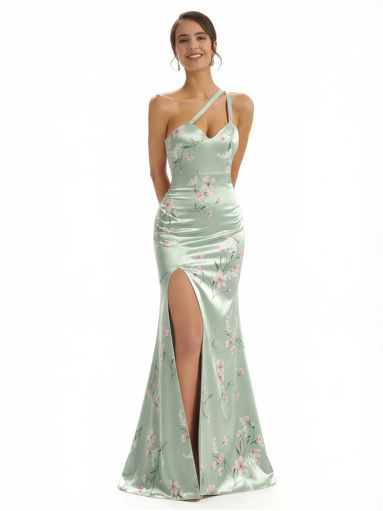 Elegant One Shoulder Side Slit Mermaid Floral Satin Maxi Floral Formal Dresses For Women