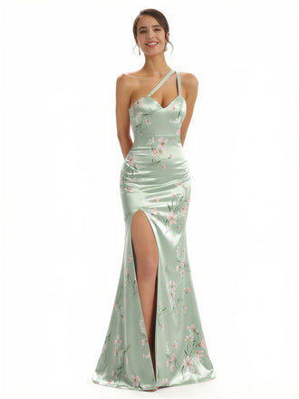 Elegant One Shoulder Side Slit Mermaid Floral Satin Maxi Floral Formal Dresses For Women