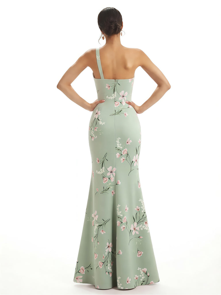 Elegant One Shoulder Side Slit Mermaid Floral Satin Maxi Floral Formal Dresses For Women