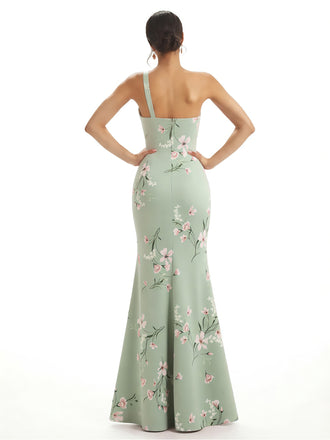 Elegant One Shoulder Side Slit Mermaid Floral Satin Maxi Floral Formal Dresses For Women