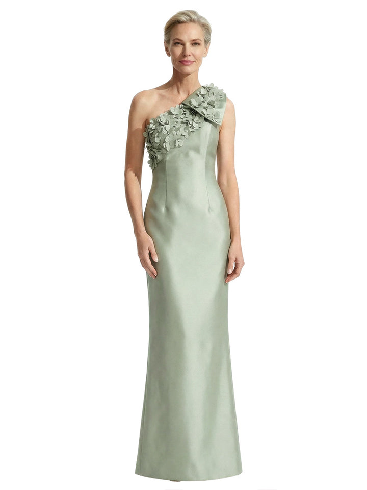 Unique 3D Floral Applique One Shoulder Mother Of The Bride Satin Maxi Gown