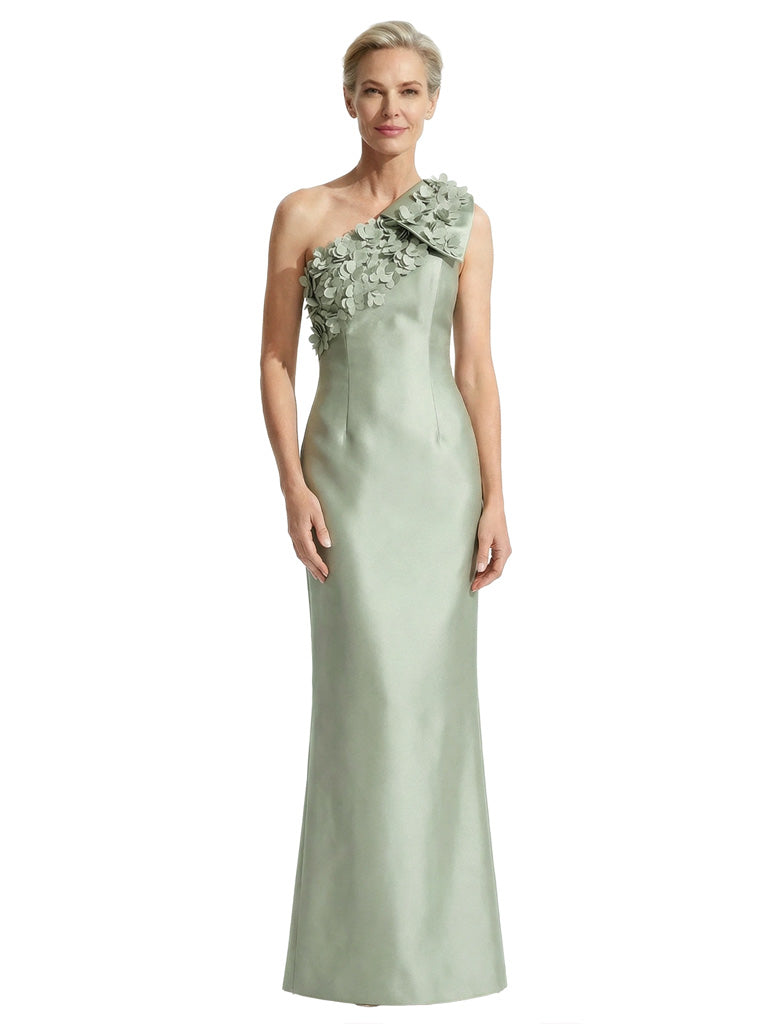 Unique 3D Floral Applique One Shoulder Mother Of The Bride Satin Maxi Gown