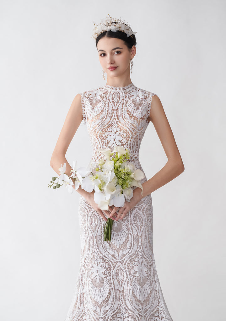 Sexy Mermaid Sleeveless Open Back Maxi Long Lace Wedding Dresses