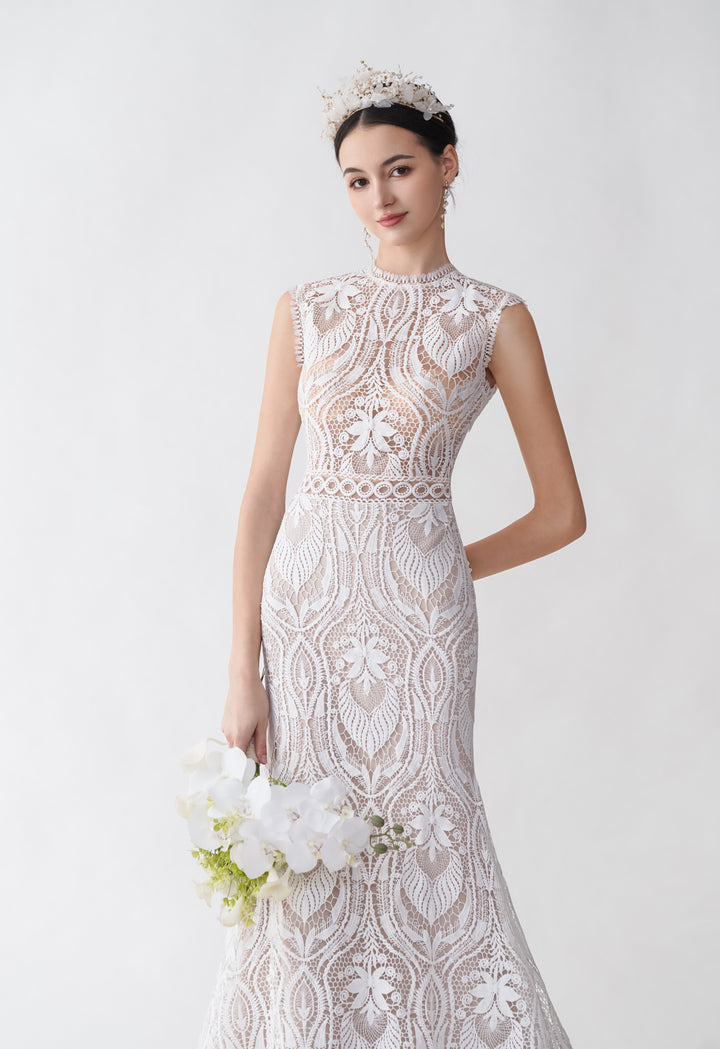 Sexy Mermaid Sleeveless Open Back Maxi Long Lace Wedding Dresses