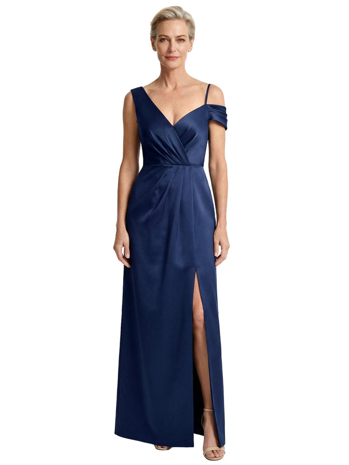 Classy V-Neck Asymmetrical Side Slit Satin Mother Of The Bride Gown